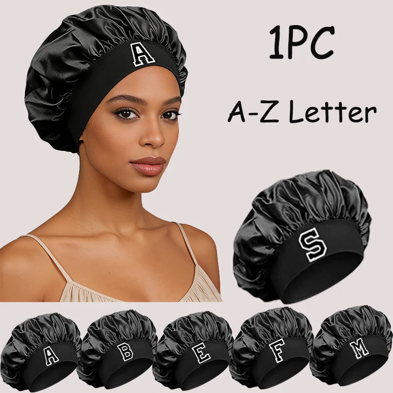 1Pc Woman's 26 Alphabet Letter Wide Strip Elastic Headband Cap, Women Soft Satin Black Sleep Cap, Stretchy Smooth Shower Cap