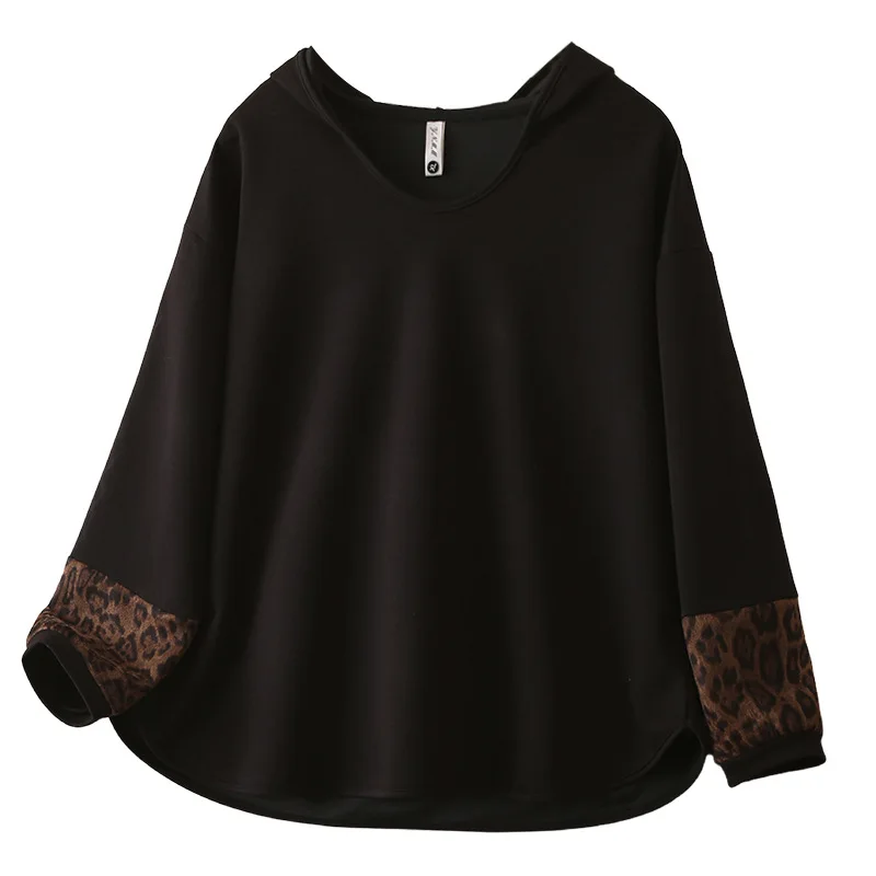 

Модная женская футболка больших размеров, осенние новые модные топы с капюшоном и рукавами с леопардовым принтом 8613