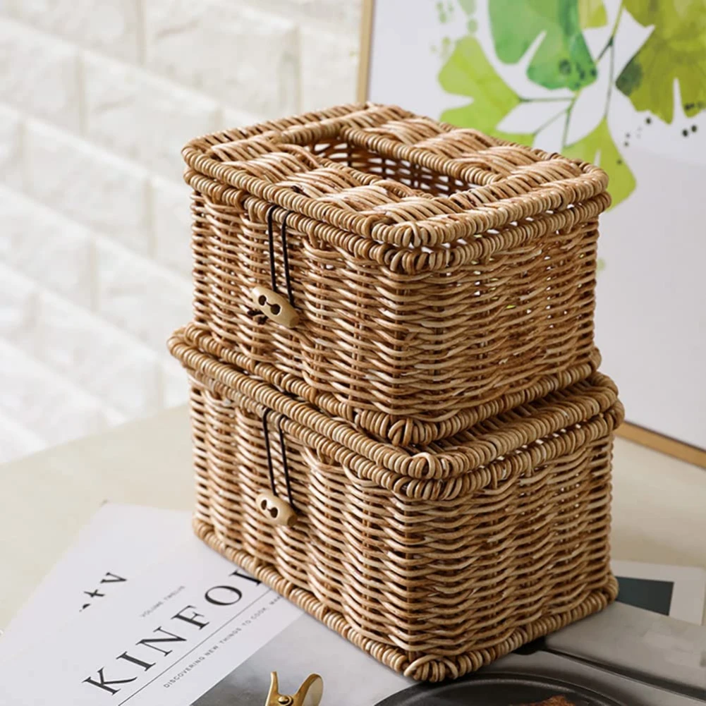 Creative Handmade Straw Tissue Box Straw Storage Box Seaweed Basket Delicate Retro Home Living Room Bedroom Kitchen Decoration