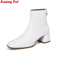 Krazing Pot Genuine Leather High Heels Square Toe Modern Chelsea Boots Winter Warm Shoes Zipper Solid Elegant Women Ankle Boots