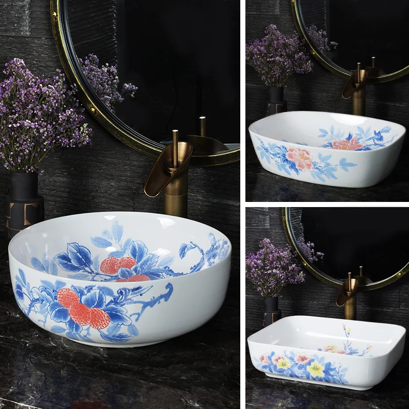 Blue and white Jingdezhen factory directly art hand painted ceramic wash basin bathroom ceramic sinks