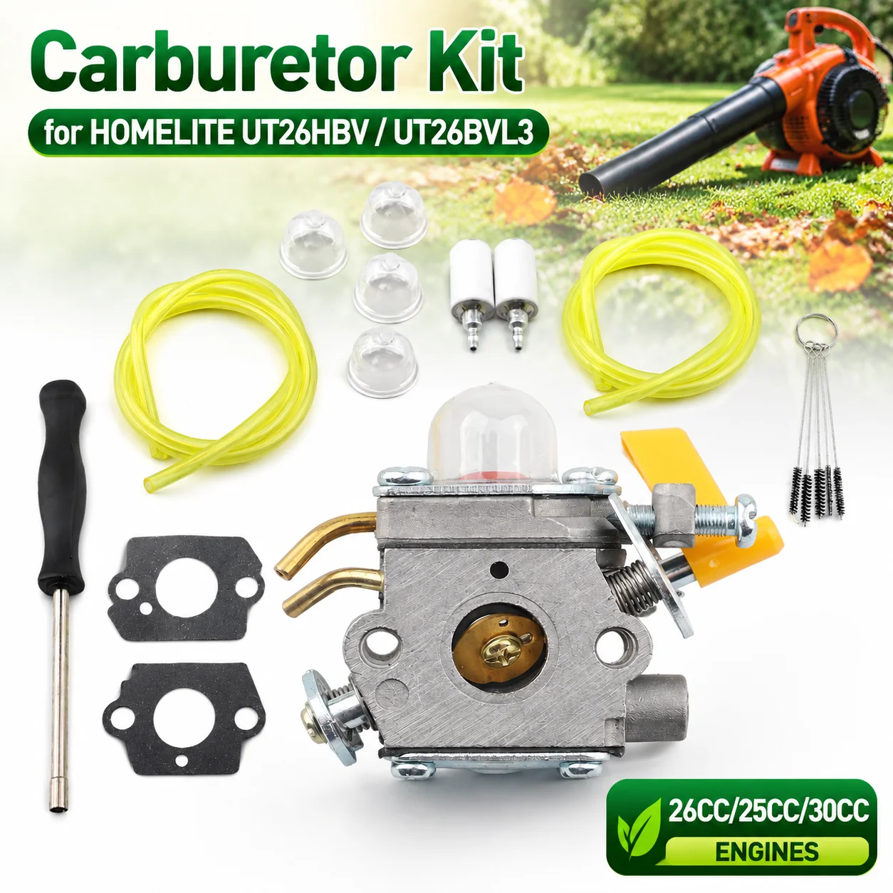 Carburetor Kit for Homelite UT26HBV 26B Blower Vacuum, UT-33600A 32601A Trimmer, Steel, Easy Install, Engine Parts
