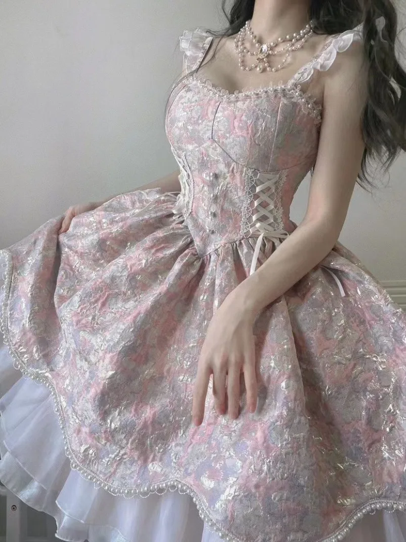 

New Japanese Lolita Women Evening Party Clothing Birthdays Cosplay Dress Kawaii Short Sleeve Lace-up 2000s American 2025 Vintage