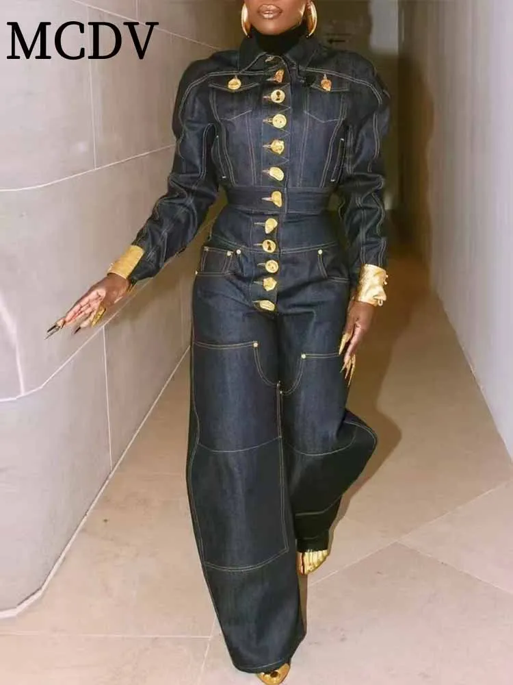 MCDV épissé bouton en métal Denim veste pantalon ensemble femmes Chic rue revers à manches longues manteau ample taille haute jean 2 pièces tenues