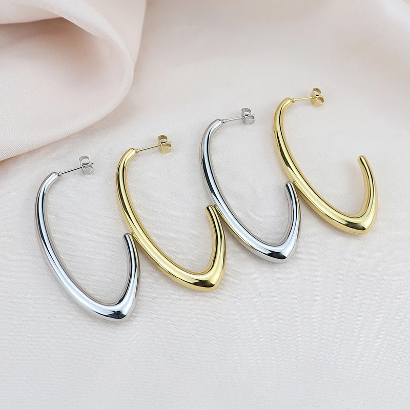 C Golden Hoop Earrings Hip Hop Minimalist Style Stainless Steel Jewelry Daily Wear Accessorie