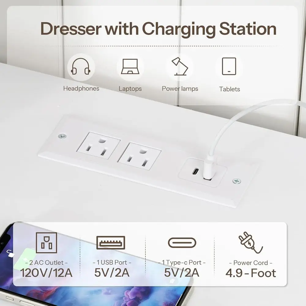 55 White Dresser with Charging Station, LED Light, and Organizer for Bedroom, Living Room, Hallway