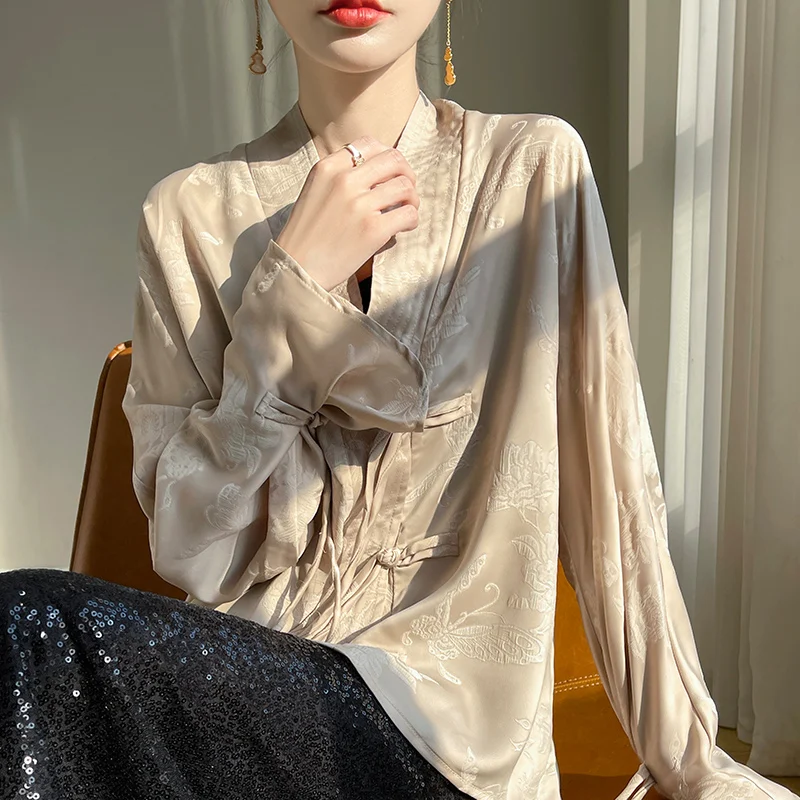

Retro Chinese Style Button up Shirt Women's New Design Embroidered Acetate Satin Long Sleeve V Neck Top Summer Fashion