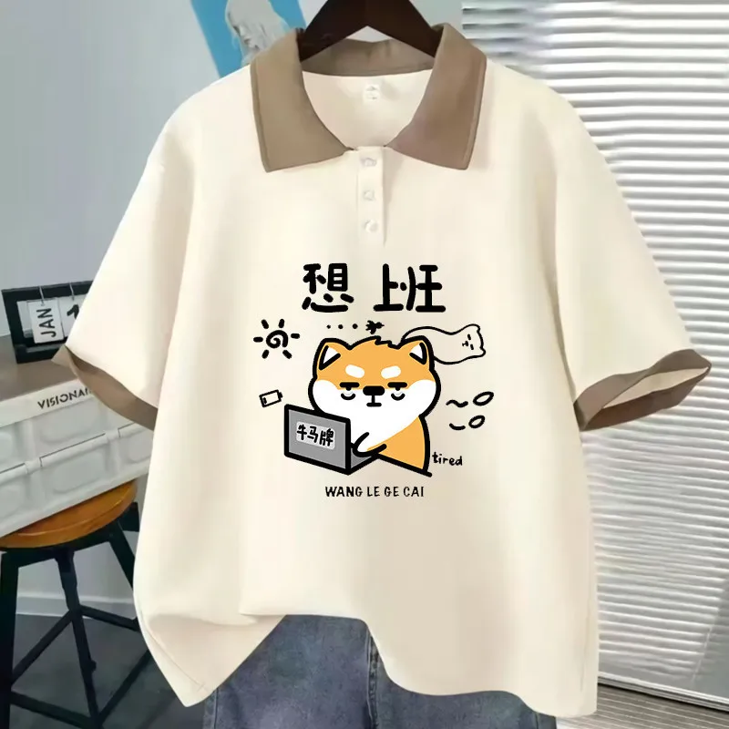 เสื้อยืดแขนสั้นโปโลญี่ปุ่นฤดูร้อน - พิมพ์การ์ตูนน่ารักเรียบง่ายหลวมพอดีขนาดใหญ่