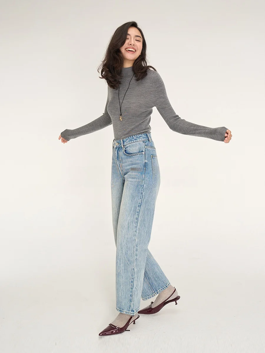 

Зимние новые джинсы из плотного денима с высокой талией, эффект потертости, на молнии, для повседневной носки