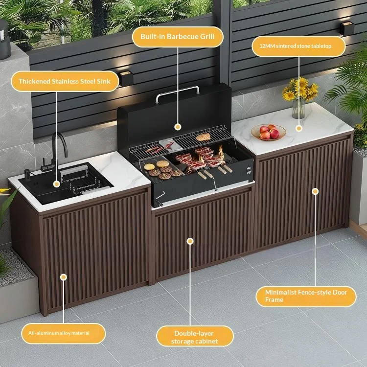 Outdoor Barbecue Grill, Courtyard, All-Aluminum Alloy Custom Storage Cabinet Handwashing Basin, Outdoor Rock Slab.