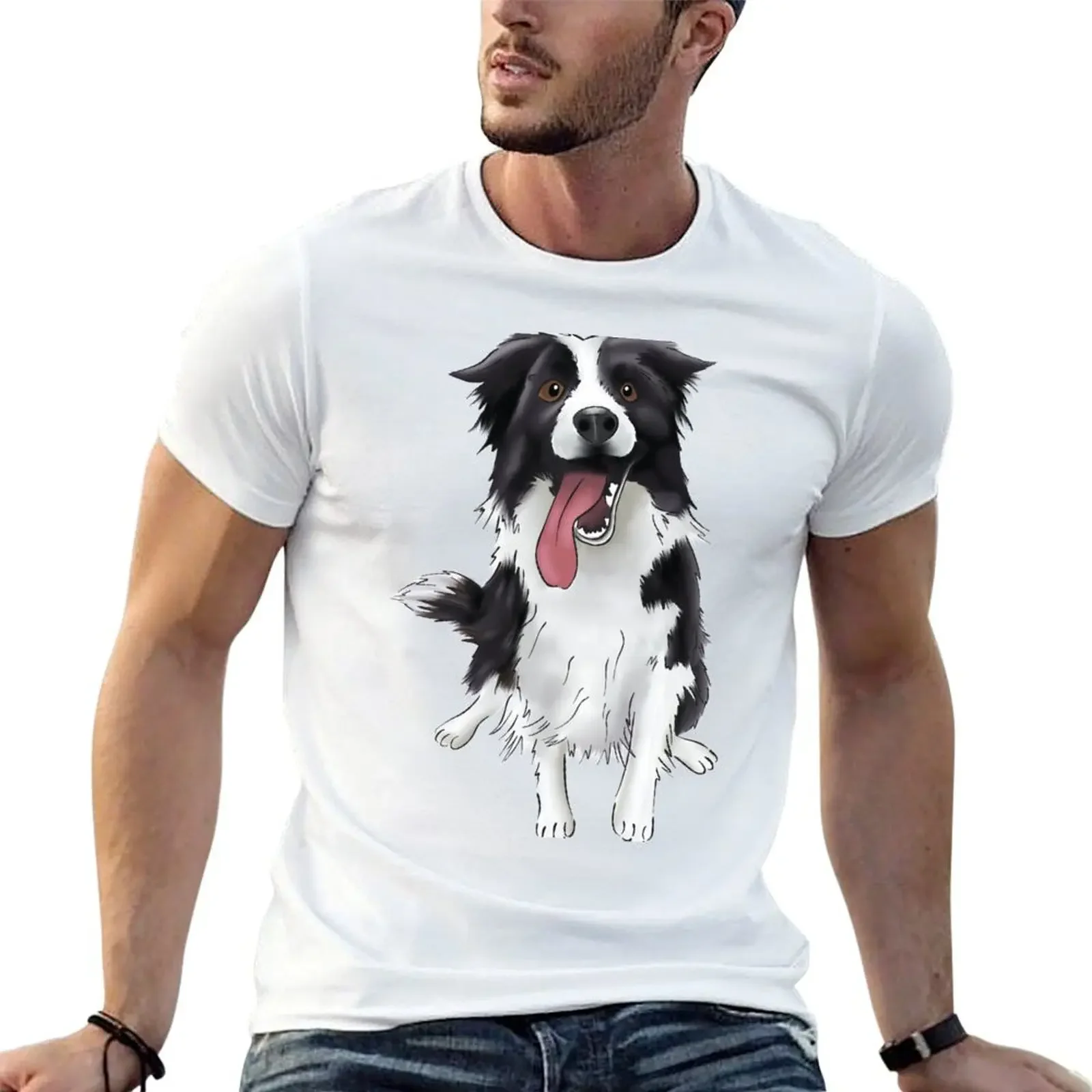 Cute Smiling Black and White Border Collie Drawing | For Boarder Collie Owners | For Dog Lovers T-Shirt