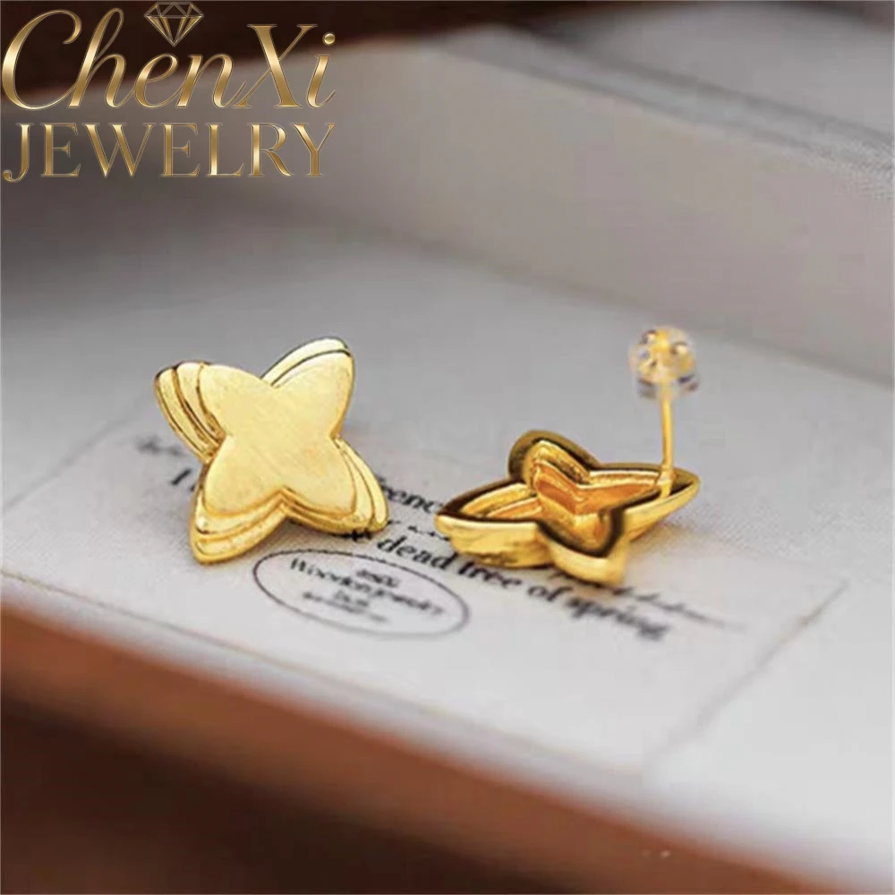 High-End Sand Gold Brushed Four-Pointed Star Stud Earrings Luxury Quality Fashion Fine Jewelry Exquisite Elegant Popular Charms