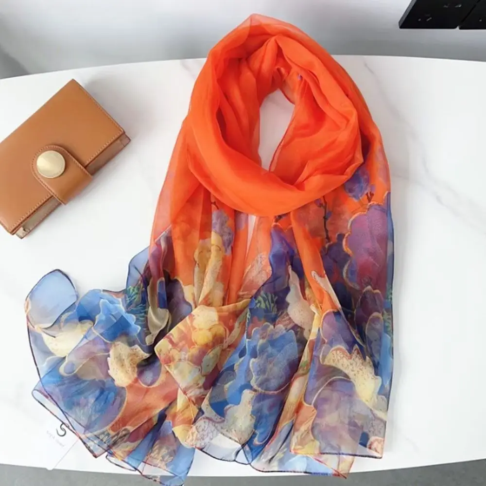 Women Luxury Silk Scarf Print Sun-Resistant Neck Tie Shawl Oversize Spring Headkerchief