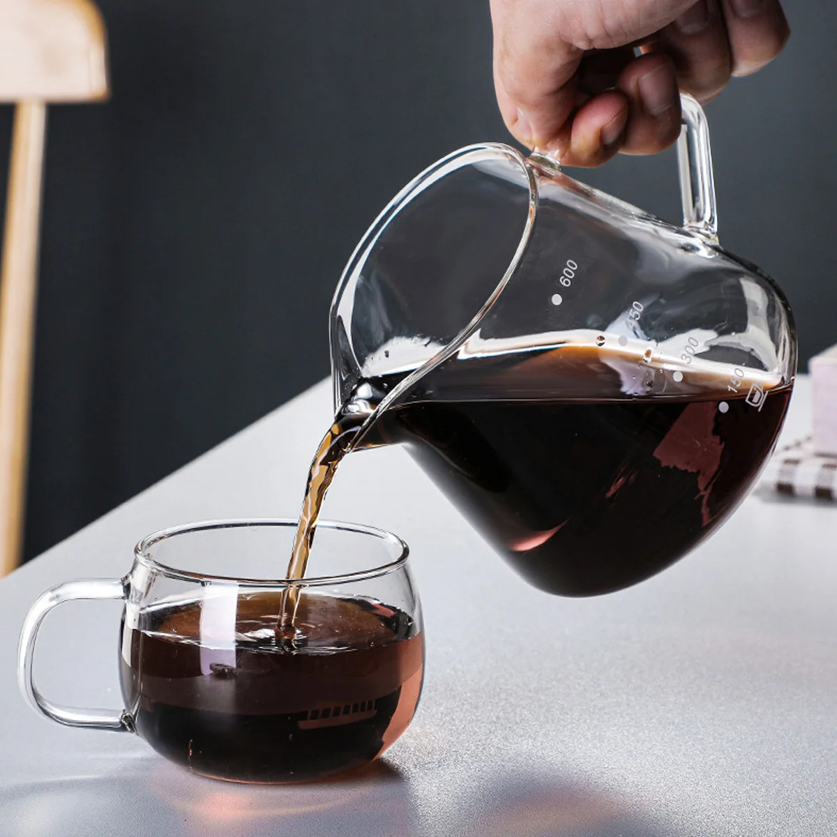 Glas-Kaffeeserver mit Griff für Pour-Over-Kaffee & Tee - 300ml/600ml, Mikrowellengeeignet, Hitzebeständiger Dickglas-Körper – Detail 5
