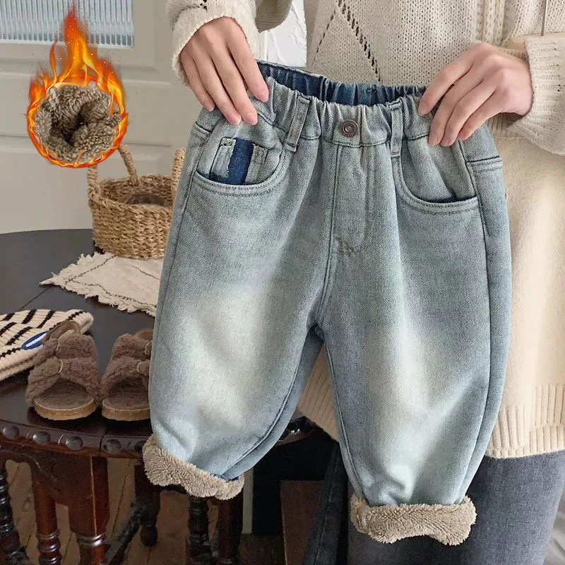 Winter Padded Jeans Boys Thickened Casual Denim Pants Children Warm Solid-Colour Pants Kids Fashion Elasticated Waist Trousers
