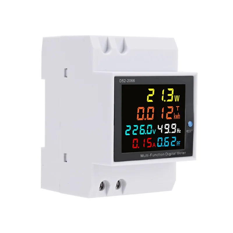 

D52-2066 6-in-1 Digital Single Phase Energy Meter with LCD Display Din Rail Mount Power/Voltage/Current/Energy/Frequency Monitor
