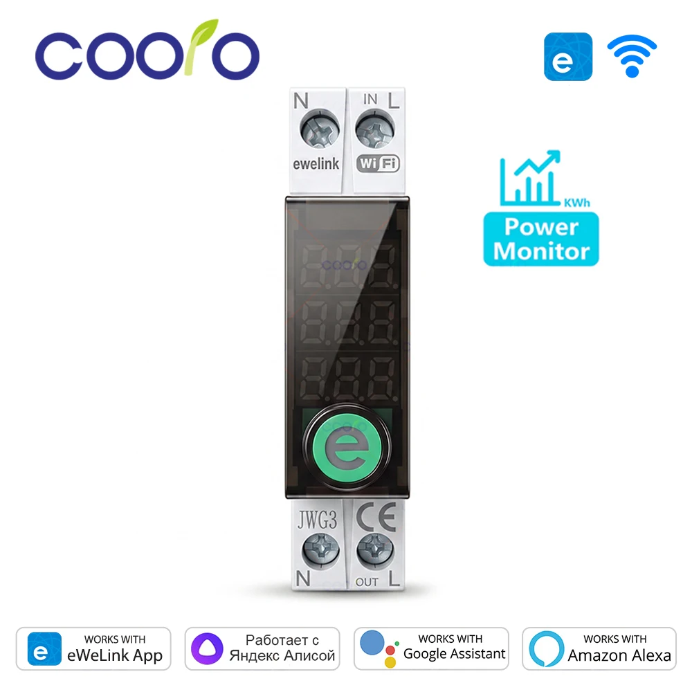 63A eWeLink Smart WiFi MCB Circuit Breaker Current Voltage kWh Energy Meter Protector Time Relay Switch App Remote Control