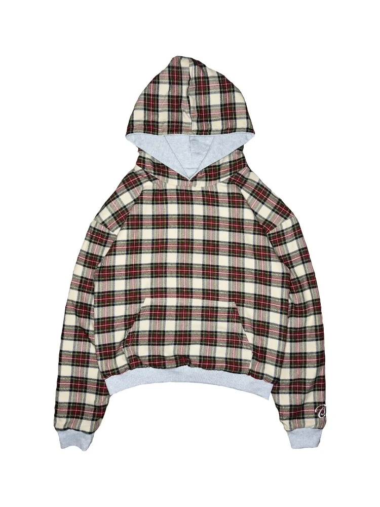 American retro couple style pullover hoodie, men's and women's punk style hoodie, autumn and winter plaid lined jacket