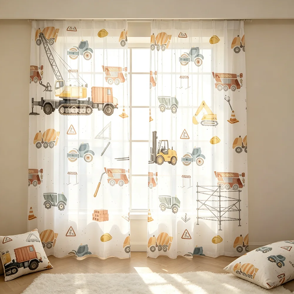 2PCS Construction Print Sheer Curtains, Cartoon Style, Kids Bedroom Room Window Drapes, Rod Pocket Polyester, Home Decor