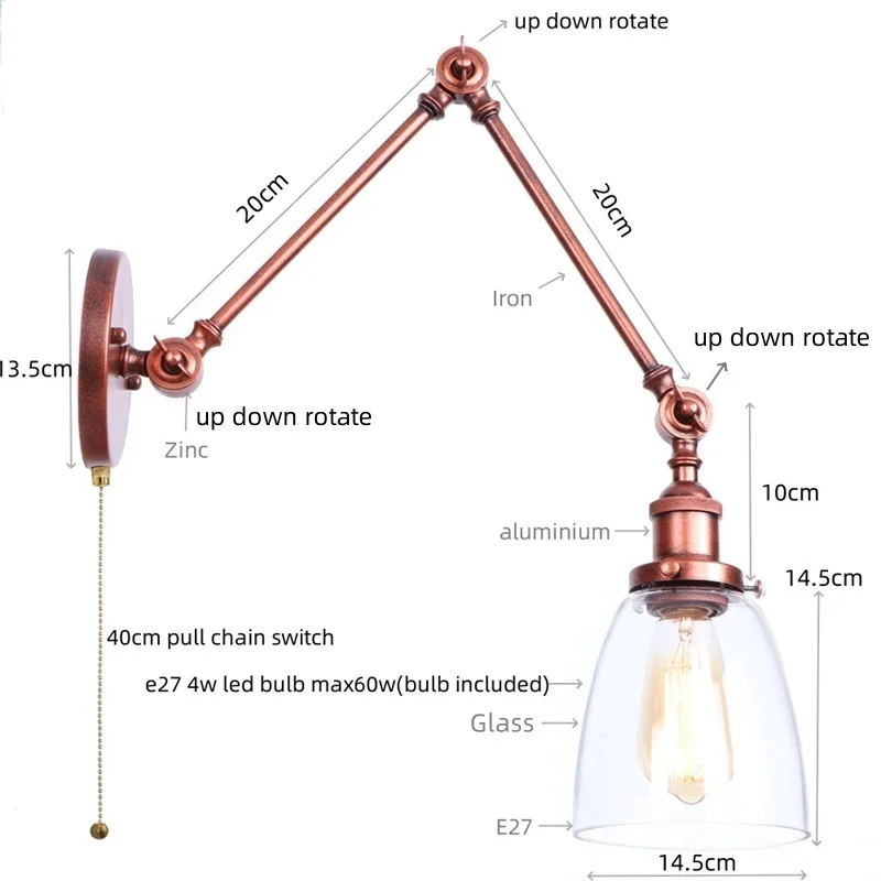 IWHD Swing Arm LED Wall Lamp Sconce Pull Chain Switch Foyer Asile Dining Room Industrial Rustic Adjustable Glass Light Fixtures