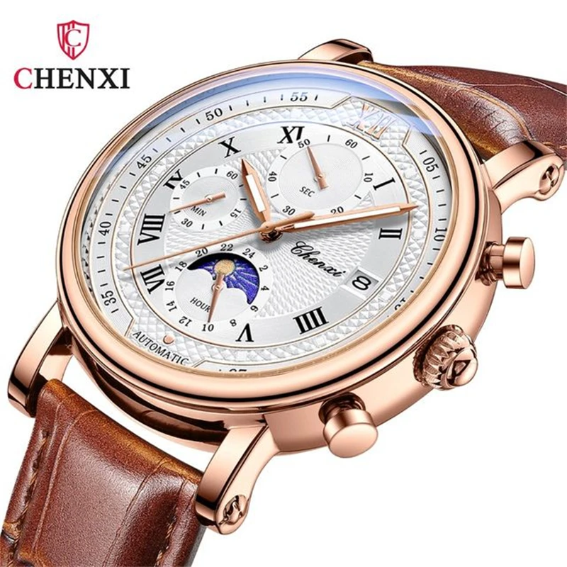 

CHENXI 976 Multifunctional Clock True Three Eyes Six Needle Moonlight Calendar Fashion Business Quartz Leather Watch for Male