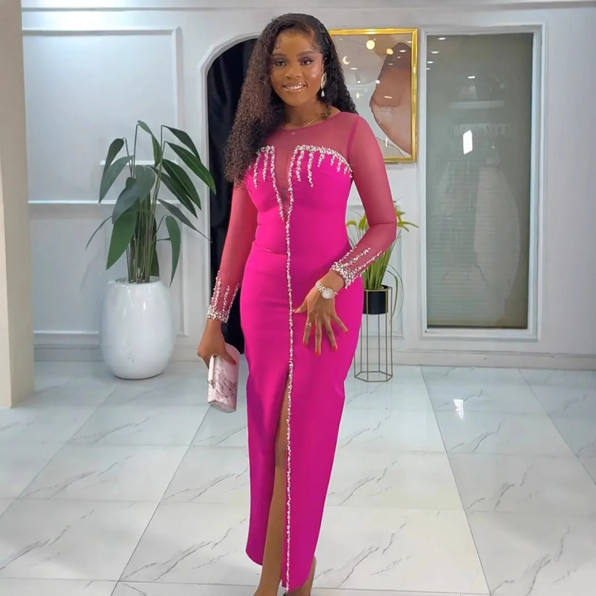 

Party Dress Women Splice Dresses Elegant Slim Night Club Rhinestone Long Sleeve High Waist Cinch Ankle Lenth 2025 Vestidos