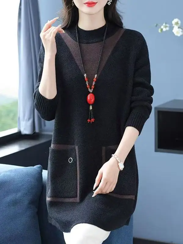 plus Size Women's Mid-Length Loose Knitwear Autumn Winter Base Layer Top Korean Style Commute High Waist Polyester Fiber