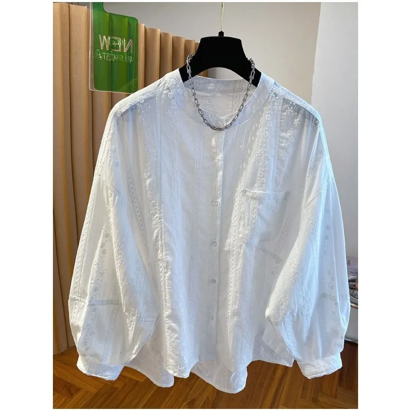 

Women's White Embroidered Shirt Summer Loose Lightweight Long Sleeve Sun Protection Stand Collar Blouse