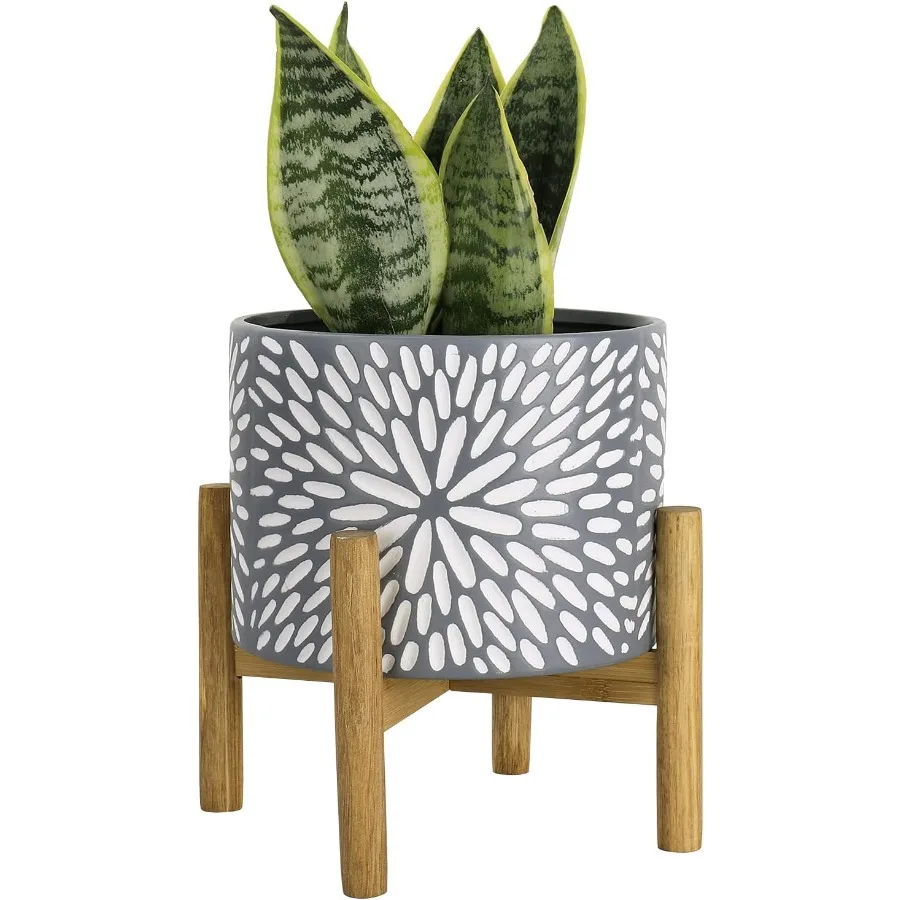 

LA JOLIE MUSE Ceramic Planter with Wood Stand - 8 Inch Unique Modern Flower Pots Indoor with Wood Planter Holder and Drainage F