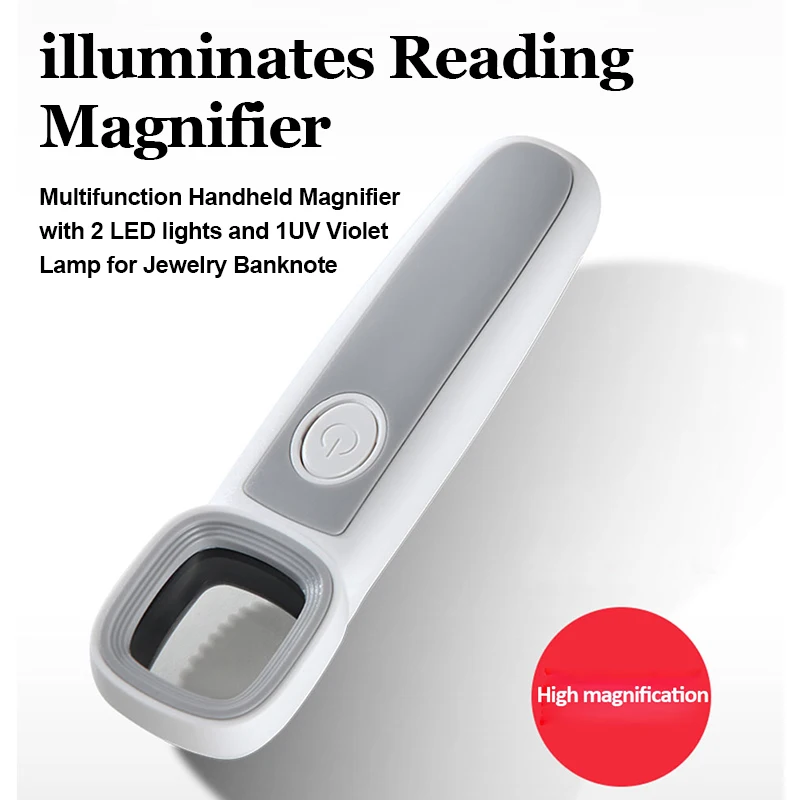 50x Illuminates Reading Magnifier with 2 LED Lights and 1 UV Violet Lamp Multifunction Handheld Magnifier for Jewelry Banknote