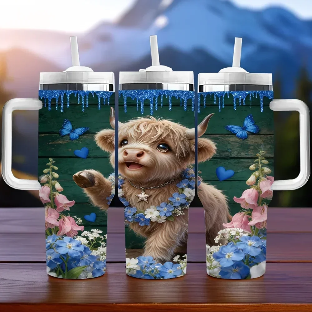 40oz Insulated Tumbler with Handle, Cute Highland Cow Flower Butterfly Print, Ideal Holiday Birthday Gift, Suitable for Daily Use And Outdoor Activities