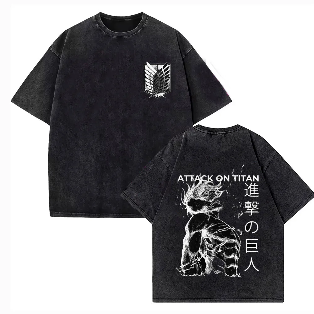 Attack on Titan Vintage Washed Print T-shirt Mikasa Ackerman Eren Jaeger Wings of Freedom Mens High Quality Cotton T-shirts