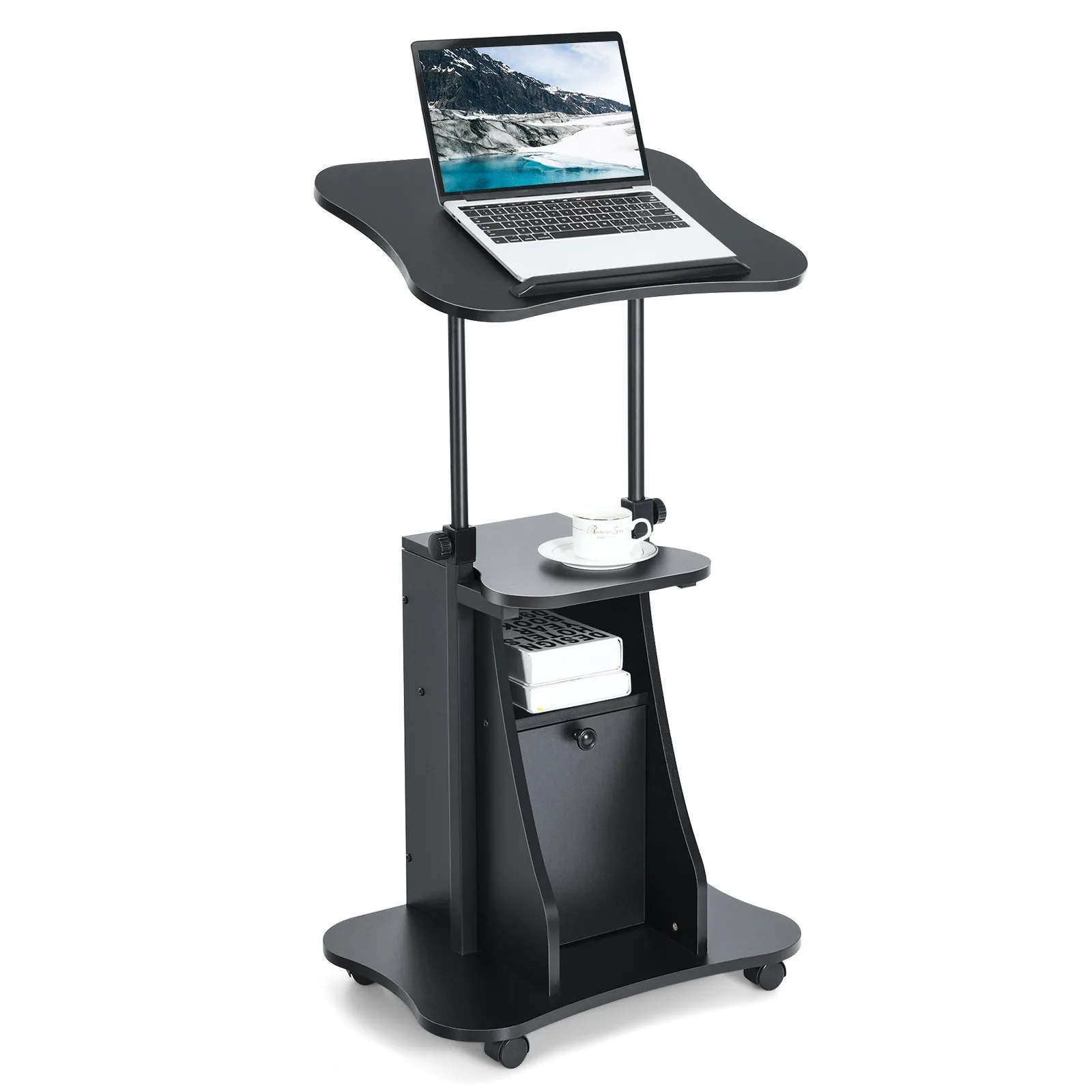 

Height Adjustable Standing Desk Mobile Podium Cart w/Tilt Desktop & Door Cabinet