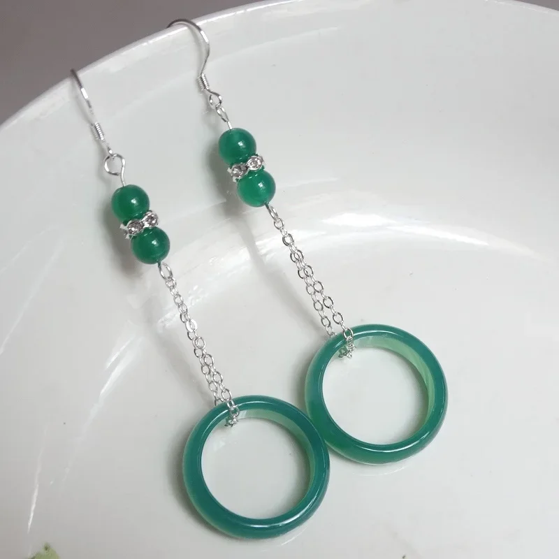 925 Silver Inlaid Natural Green Agate Ring Earrings Original DIY By Hand Accessories  Bead Gift Women Stone Jewelry