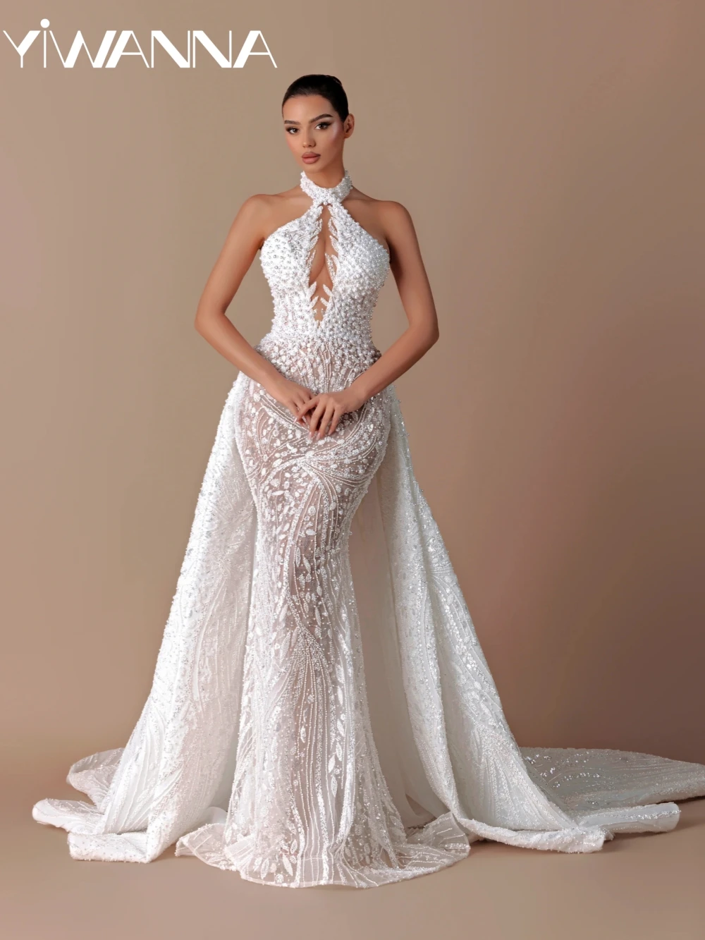

Detachable Train Embroidery Pearls Long Wedding Dress Illusion Halter Mermaid Bridal Gown Customized Luxury Dresses For Bride