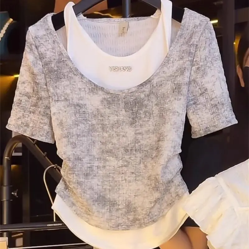 Camiseta plisada de dos piezas para mujer, Blusa de manga corta ajustada con cuello redondo y teñido anudado, moda francesa, novedad de verano 2024