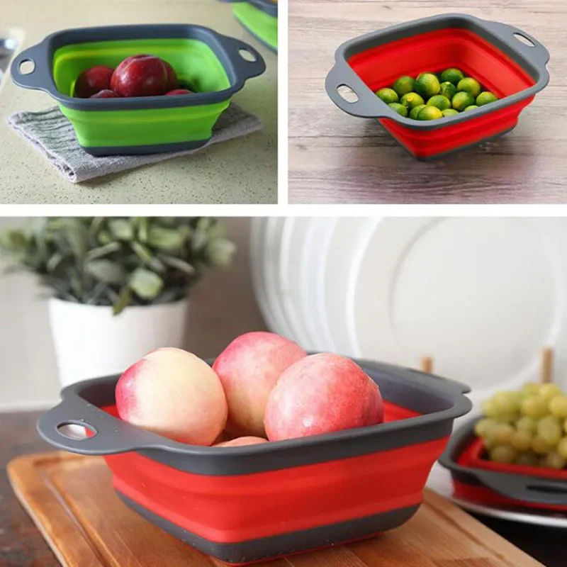 Foldable Fruit Vegetable Washing Basket Strainer Portabl Silicone Colander Collapsible Drainer with Handle Kitchen Tools