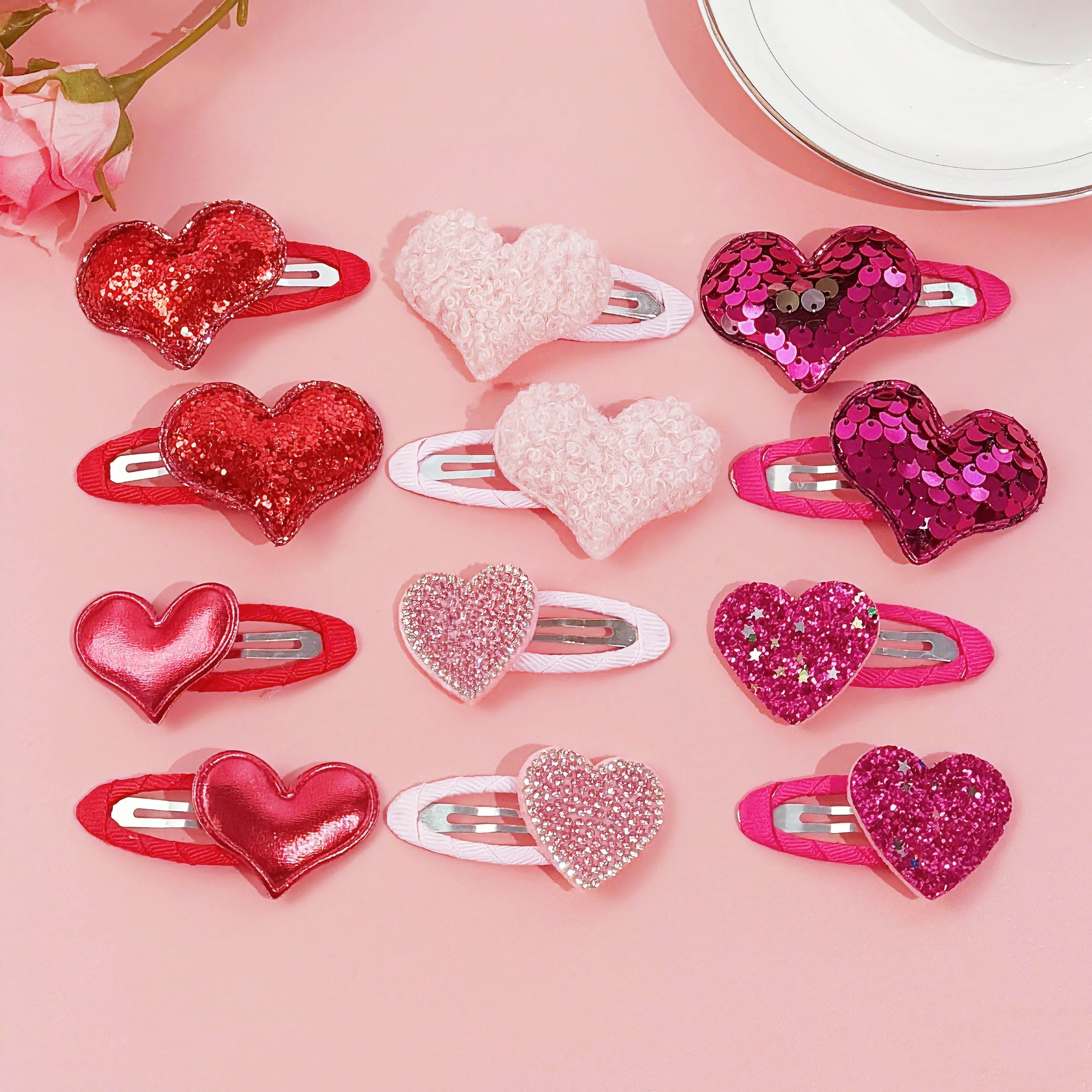 12pcs Valentine's Day Hair Clips Girls Bristal Heart Barrettes Clips Ribbon Snap Heart Hair Clip Kids Girls Hair Accessories view 3