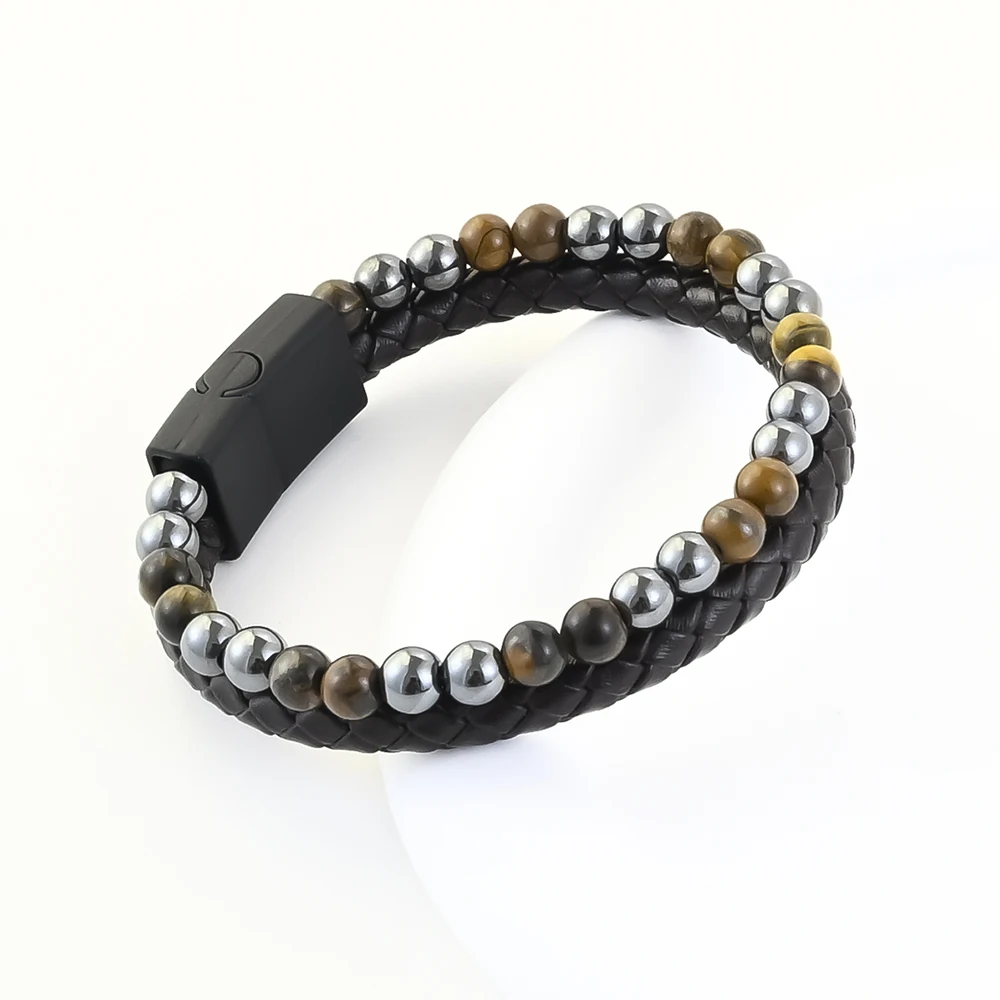 

New style volcanic stone or tiger's eye leather double layer men's bracelet business casual gift for men