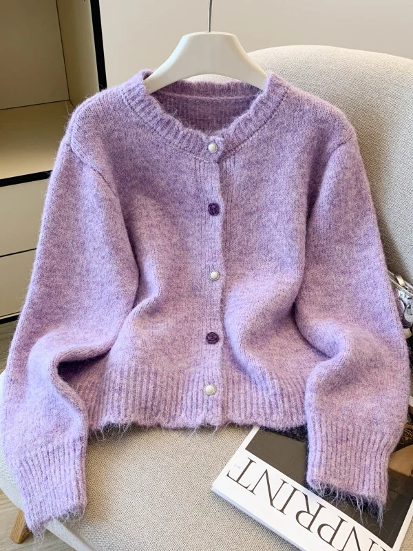 

Мягкий фиолетовый вязаный кардиган для женщин, осенне-зимний, свободного кроя, в корейском стиле, с круглым вырезом, на одной пуговице