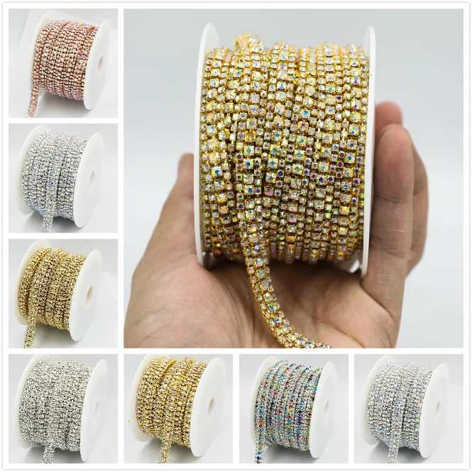 

10Yard 3Rows Glass crystal Strass Rhinestone Cup Chain Sew On Diamond Glue-On Close Chains Glitter Trim Cup Chain sew on Garment