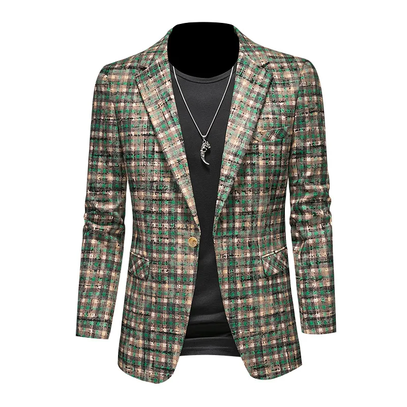 

KIDWHXR Man Suit Coat Vintage Contrast Color Plaid Single-breasted Male Outerwear Turn Down Collar Long Sleeve Men Blazer