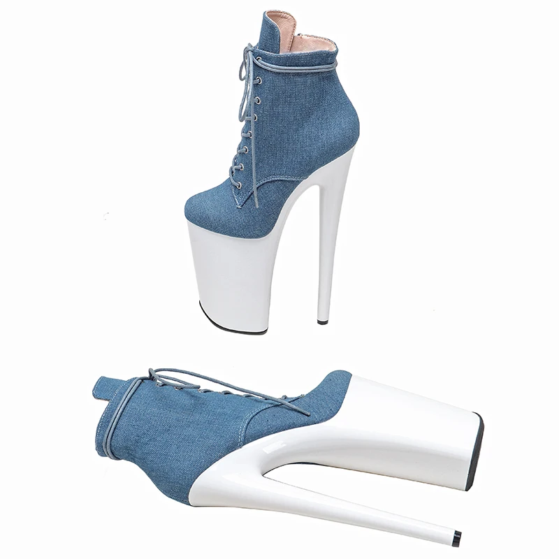 Leecabe  23CM/9inches Denim mix color stripper heel exoticism Trend fashion High Heels ankle Boots Pole Dance boot