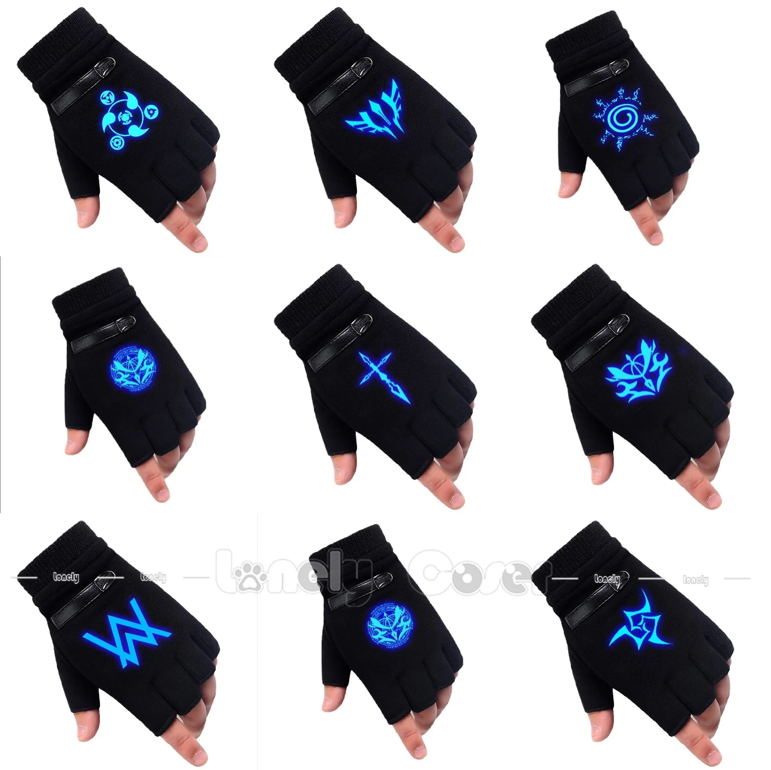 Anime Fate/Zero Luminous Gloves Cosplay Accessories Winter Cosplay Props Luminous Elastic Thicken Half Finger Black Gloves