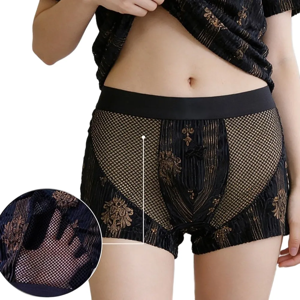 Fashion Men's Flocked Printed Breathable Mesh Splicing Boxers Shorts Underwear For Summer Comfortable Panties Jockstrap