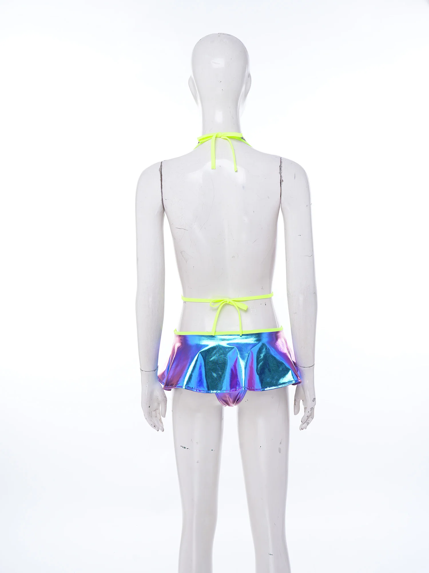 Women Metallic Shiny Swimwear Swimsuit Halter Deep V Neck Backless Mini Briefs Ruffled Hem One-piece Beach Bathing Suit Swimsuit