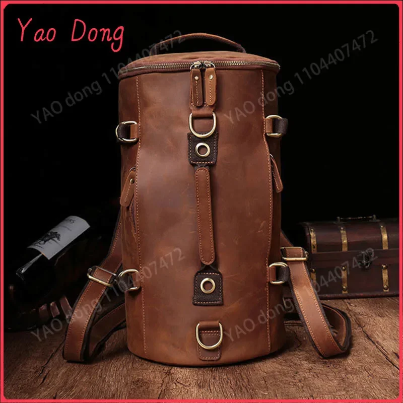 Yao Dong Unique Design Leather Backpack For Men Vintage Crazy Horse Leather Bucket Daypack Large Male Travel Bag Male Backpacks