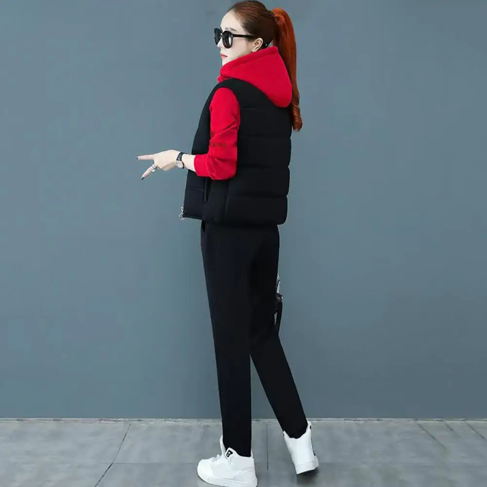 Lady Winter Outfit Women's Winter Tracksuit Set with Embroidered Hoodie Padded Coat Elastic Waist Pants 3 Piece Sporty for Cold