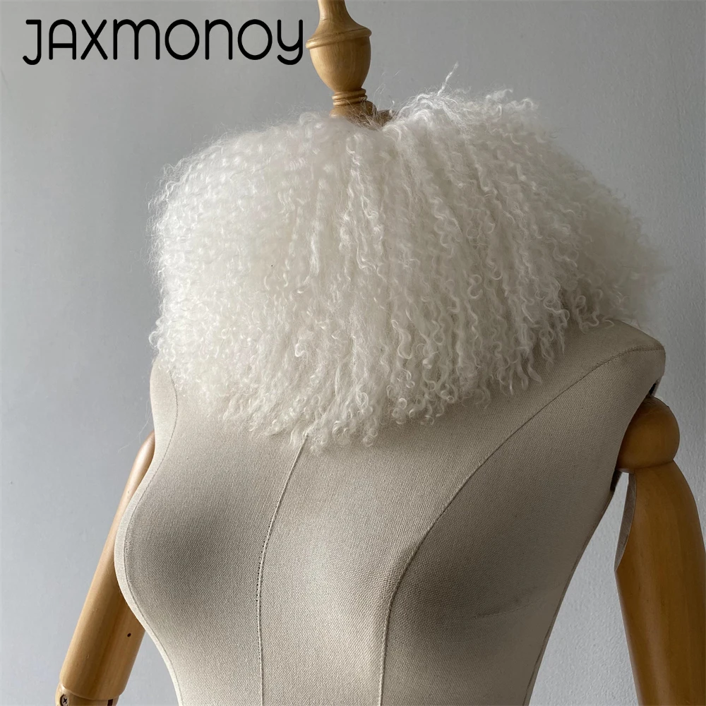 Jaxmonoy Real Mongolian Sheep Fur Scarf Women Detachable Lamb Fur Collar Winter Warm Fur Scarves Lady Fashion Neck Warmer Autumn