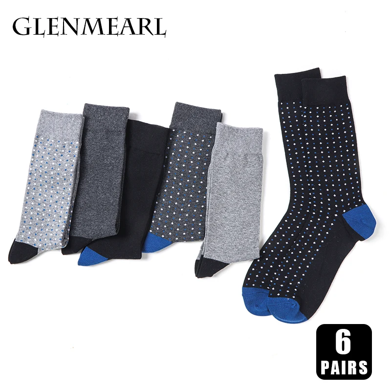 6 Pairs Men Dress Socks High Quality Cotton Business Casual Soft Brand Fashion Design Blue Dots Pattern Plus Size Long Male Sock